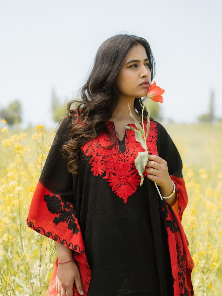 Midnight Noir Cotton Kaftan with Scarlet Flame Aari Embroidery - KaarKash